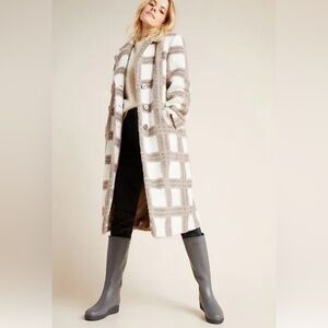 Anthropologie NVLT Teddy Coat | Neutral Plaid Longline Cozy Jacket | Size S